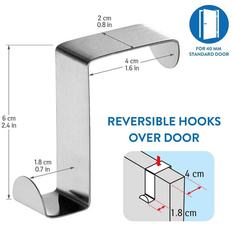 Tatkraft Seger 10 Crochets de Porte en Acier Inoxydable, Réversibles pour Porte Standart et Placard Armoire, Jusqu’à 5 kg