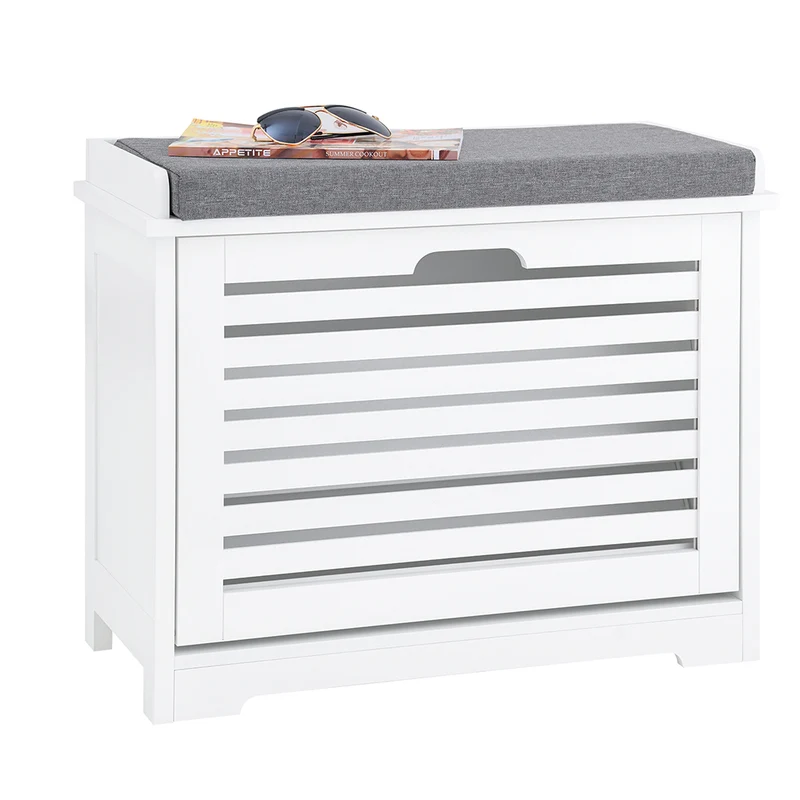 SoBuy FSR184-K-W Banc Chaussures, Rangement pour Chaussures, Armoire à Chaussures, Meuble d'entrée, Coffre avec 1 Abattant et 1 Coussin