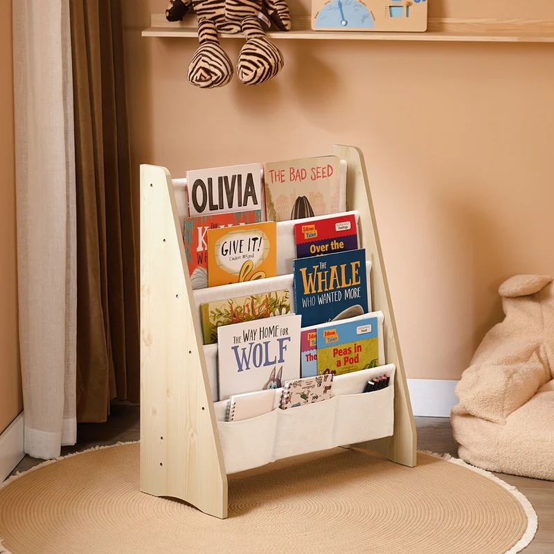 SoBuy KMB50-N Bibliothèque Enfant Meuble Rangement Jouet et Livres pour Chambre Enfant Étagère à Livre avec 4 Compartiments et 3 Poches Tissu Naturel 63x28x76cm