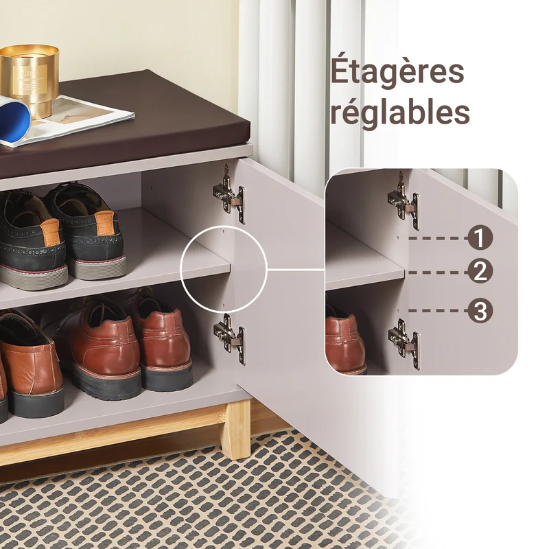 SoBuy FSR117-KA Banc à Chaussures avec Coussin Amovible – 2 Portes, Étagères Réglables, 4 Compartiments, 150 kg, 104×35×47 cm, Kaki