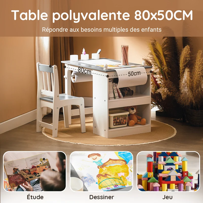 SoBuy KMB60-HG Ensemble Table et Chaise Enfant avec 1 porte-rouleau de papier, 1 sortie de papier, 1 locateur de papier et 3 emplacements pour stylos