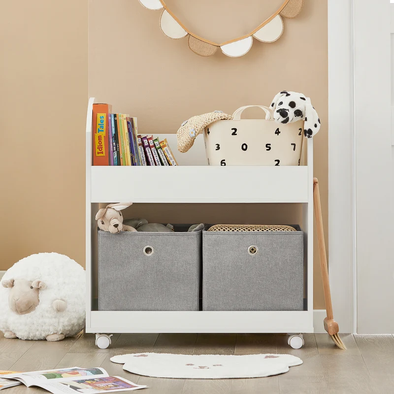 SoBuy KMB53-W Étagère de Rangement Roulantes, Bibliothèque pour Enfants, Étagère à Livres, Armoire à Jouets avec 1 Étagère, 2 Paniers et 4 roulettes