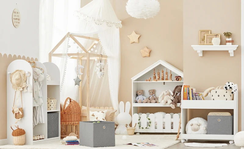 SoBuy KMB53-W Étagère de Rangement Roulantes, Bibliothèque pour Enfants, Étagère à Livres, Armoire à Jouets avec 1 Étagère, 2 Paniers et 4 roulettes