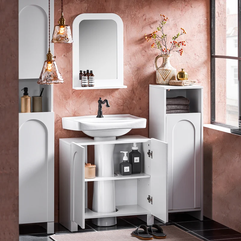 SoBuy BZR164-W Meuble sous-Lavabo, Meuble sous-Vasque à 2 étages réglable et 2 Portes de Salle de Bain