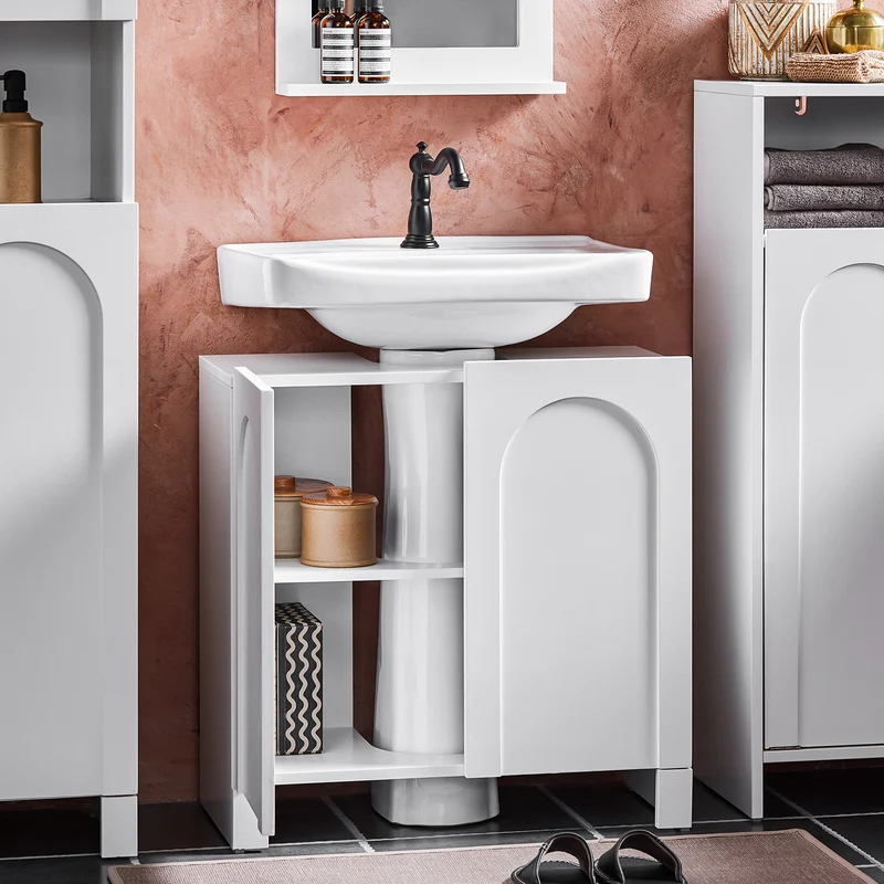 SoBuy BZR164-W Meuble sous-Lavabo, Meuble sous-Vasque à 2 étages réglable et 2 Portes de Salle de Bain