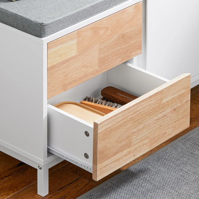 SoBuy FSR167-WN Banc à Chaussures, Banc de Rangement avec Coussin rembourré, Meuble Bas Entrée sur Pieds avec 1 Porte et 2 Tiroirs