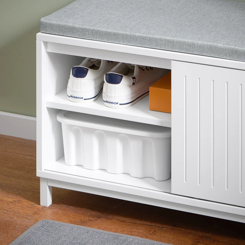 SoBuy FSR166-W Banc de Rangement, Banc à Chaussures avec 2 Coussin Rembourré, avec 1 Porte Coulissante et 3 Compartiments