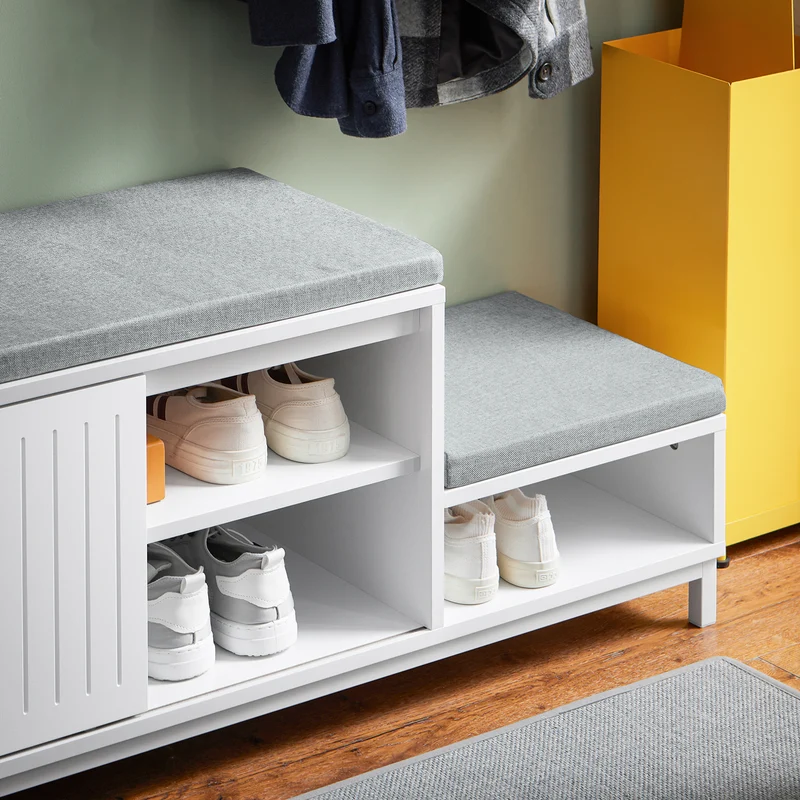 SoBuy FSR166-W Banc de Rangement, Banc à Chaussures avec 2 Coussin Rembourré, avec 1 Porte Coulissante et 3 Compartiments