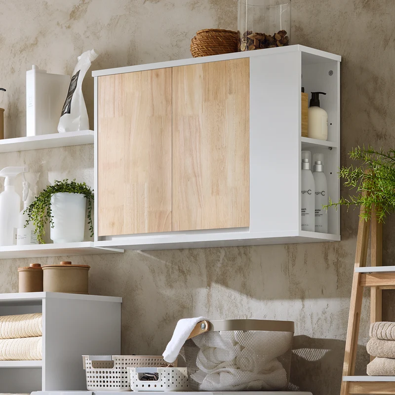 SoBuy BZR144-WN Armoire Murale, Placard de Rangement, Meuble Haut avec 2 Portes, Étagère latérale et Ouverte