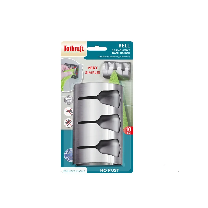 Tatkraft Bell – Porte-serviettes adhésif à 3 crochets en acier inoxydable brossé, jusqu’à 10 kg
