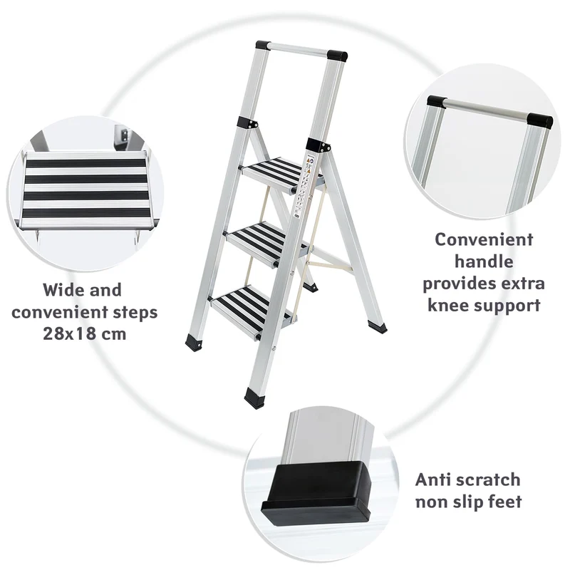 Tatkraft Adamant – Escabeau pliable 3 marches antidérapantes, jusqu’à 150 kg, aluminium ultraléger, garde-corps