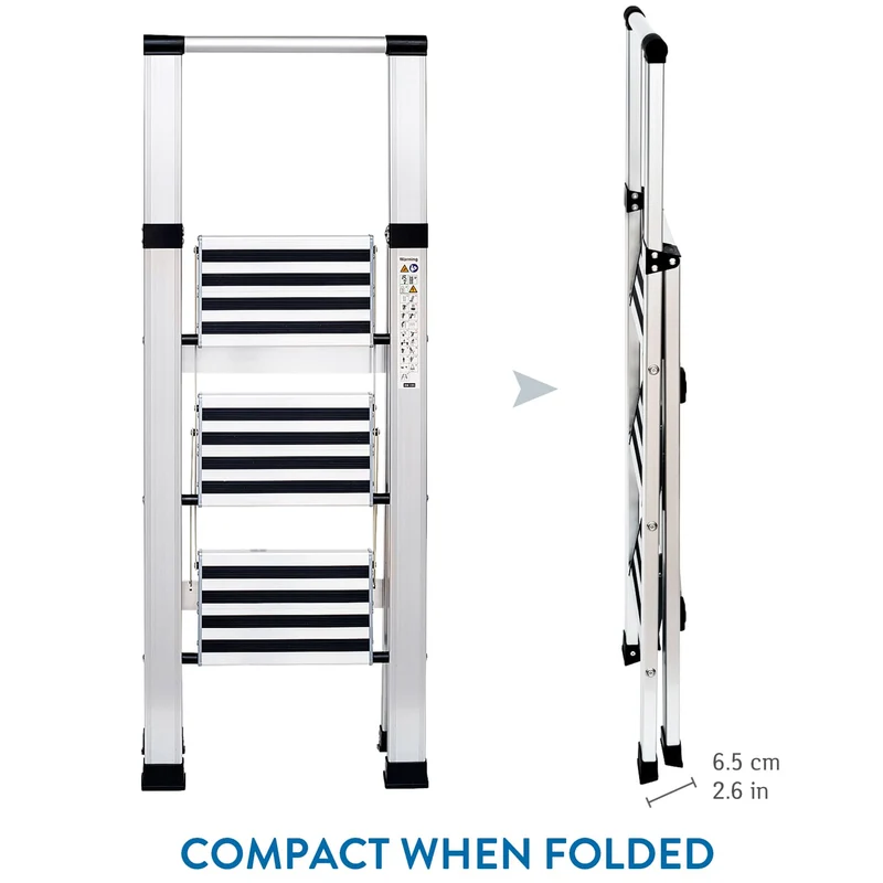 Tatkraft Adamant – Escabeau pliable 3 marches antidérapantes, jusqu’à 150 kg, aluminium ultraléger, garde-corps