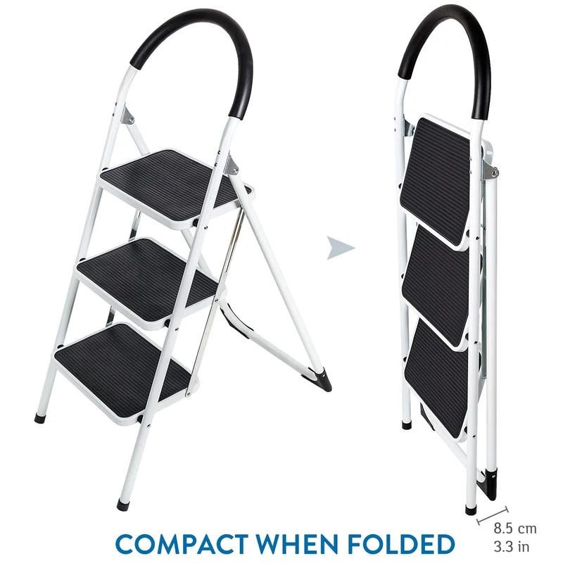 WonderWorker Bold – Escabeau pliable 3 marches antidérapantes en acier, jusqu’à 150 kg, certificat GS
