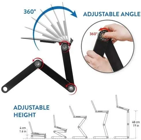 WonderWorker Einstein – Table réglable pour ordinateur portable jusqu’à 17 pouces, 2 ventilateurs USB et support de souris, aluminium noir