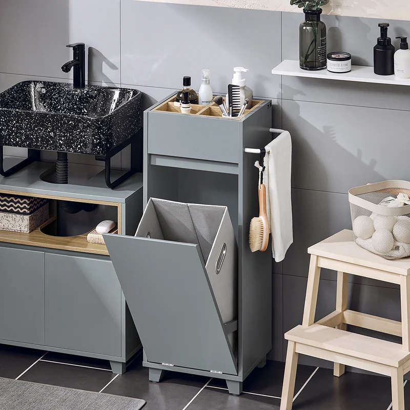 SoBuy BZR159-DG Armoire à Linge Meuble Bas de Salle de Bain Corbeille à Linge Meuble de Rangement