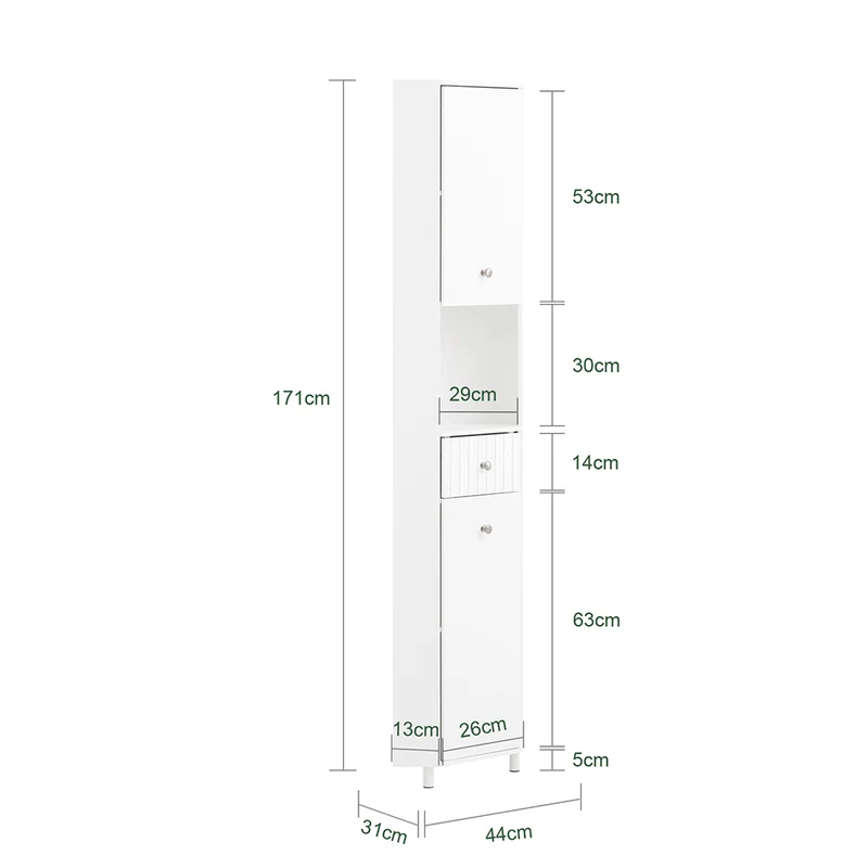SoBuy BZR193-W Meuble de Rangement d'angle Salle de Bain, Armoire de Rangement Placard de Rangement Étroite, 1 Tiroir, 1 Compartiment Ouvert et 2 Portes