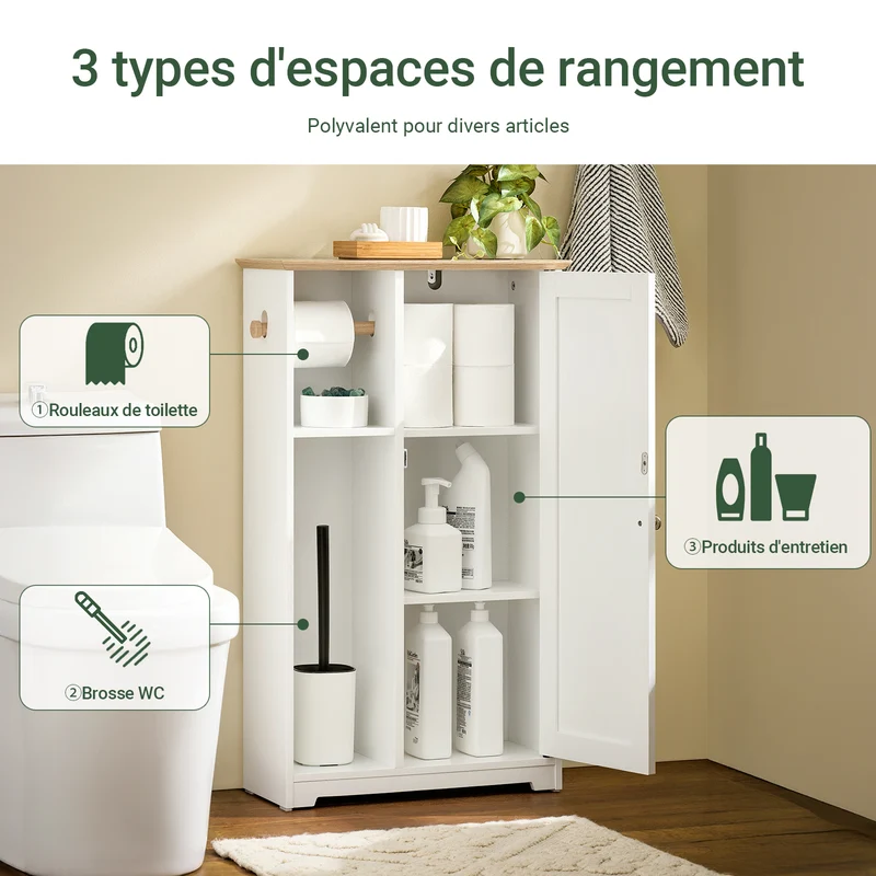 SoBuy BZR189-W Meuble de Rangement Salle de Bain Armoire Porte-Papier Toilette Porte Brosse WC avec 1 Porte