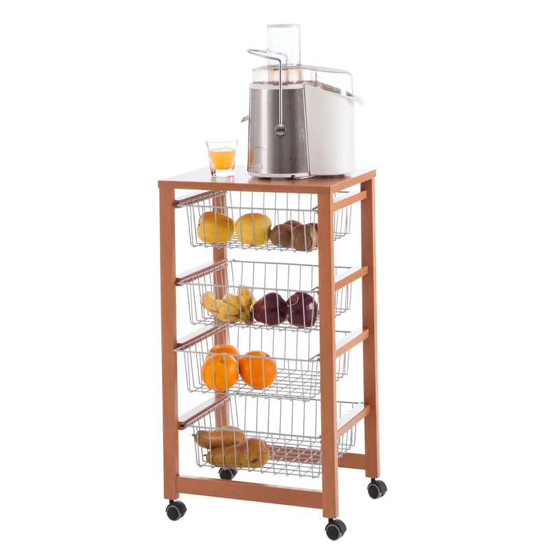 ARIT GINGERONE - Chariot de cuisine, Desserte Cuisine, Desserte a Roulette, Desserte Bois, 4 paniers coulissants, Couleur Cerise