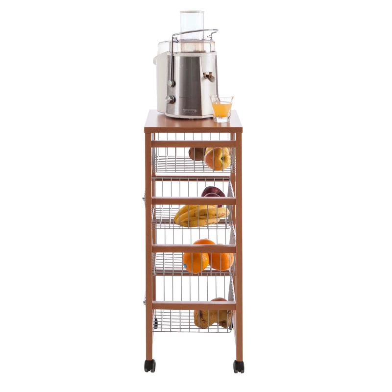 ARIT GINGERONE - Chariot de cuisine, Desserte Cuisine, Desserte a Roulette, Desserte Bois, 4 paniers coulissants, Couleur Cerise