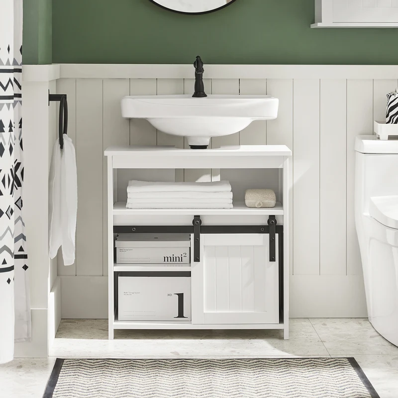 SoBuy BZR61-W Meuble sous Lavabo, Meuble de Salle de Bain, Placard de Rangement, Armoire Salle de Bain et Porte de Grange