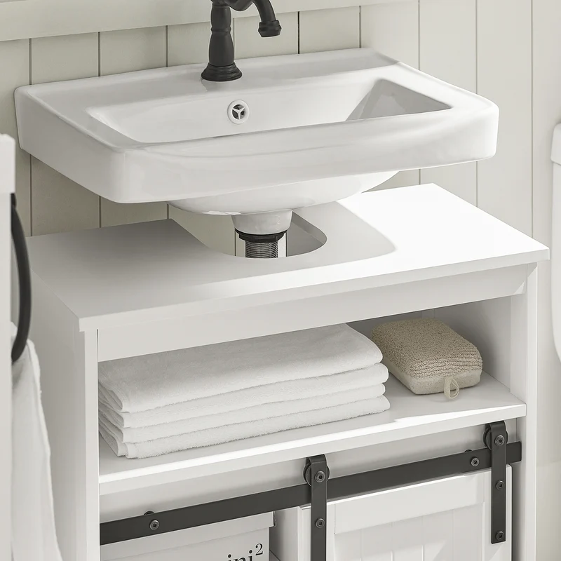 SoBuy BZR61-W Meuble sous Lavabo, Meuble de Salle de Bain, Placard de Rangement, Armoire Salle de Bain et Porte de Grange