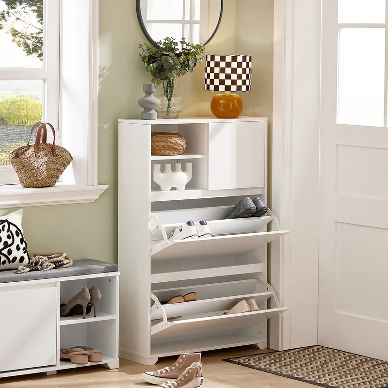 SoBuy FSR111-W Armoire à Chaussures 2 Abattants, 2 Compartiments Ouverts et 1 Porte pour Entrée Couloir, Blanc
