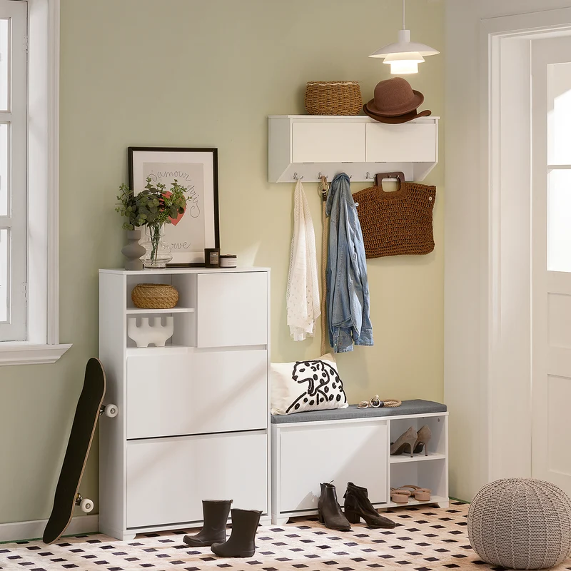 SoBuy FSR111-W Armoire à Chaussures 2 Abattants, 2 Compartiments Ouverts et 1 Porte pour Entrée Couloir, Blanc