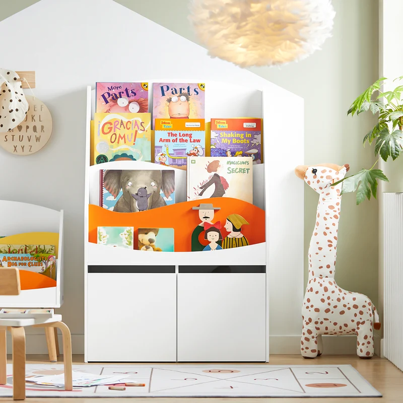 SoBuy KMB65-W Bibliothèque Enfant Étagère à Livres Étagère à Jouets Porte-revues à 4 Niveaux avec 2 Boîtes de Rangement