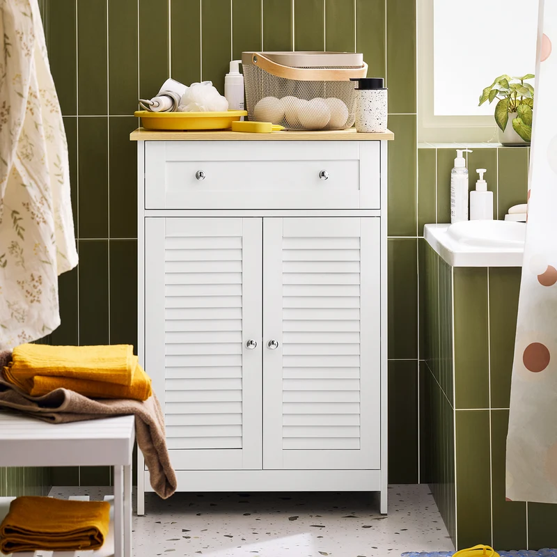 SoBuy FRG238-WN Meuble Bas Salle de Bain avec Étagère Réglable, 1 Tiroir et 2 Portes, pour Salle de Bain et WC, Compact – L60×P35×H87 cm, Blanc et Naturel