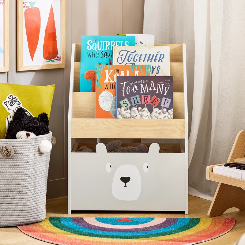 SoBuy KMB104-HG Bibliothèque Enfant, Étagère à Livres, Étagère de Rangement Jouets pour Enfants, Porte-revues avec Boître Roulante et 3 Étagères, Blanc et Gris, L51xP28xH70 cm