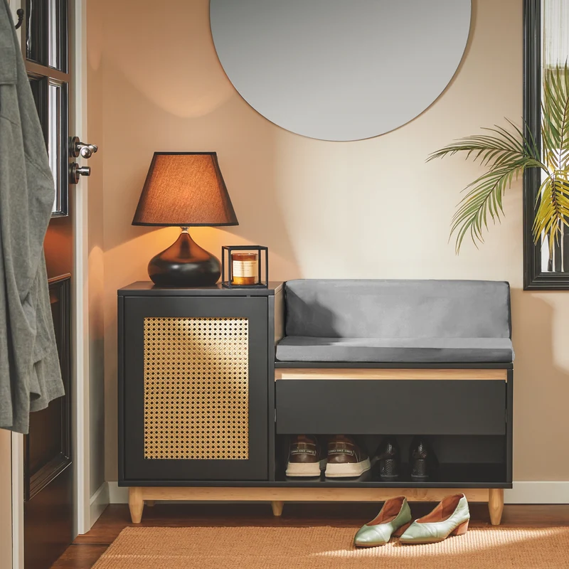 SoBuy FSR128-SCH Banc à Chaussures avec Tiroir, Porte à Treillis et Coussin Confortable, pour Entrée et Couloir, Rangement Optimisé – L100×P35×H60 cm, Noir