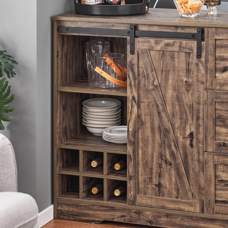 SoBuy KNL08-N îlot Central Mange-Debout Placard de Cuisine Buffet de Rangement Multi-rangements avec 1 Porte de Grange, Porte-Bouteilles, 3 Tiroirs