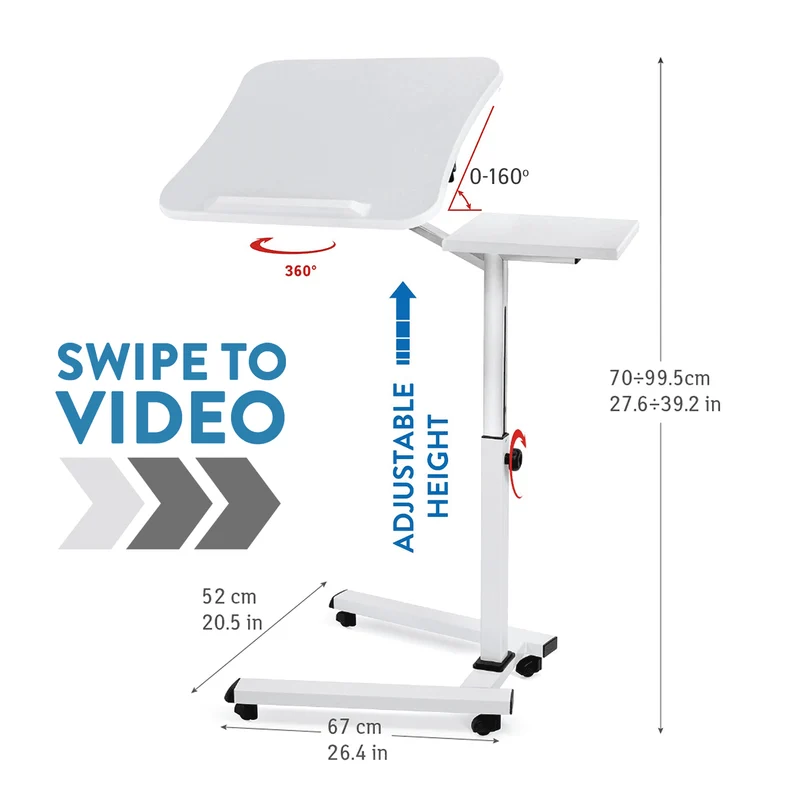 Tatkraft Like – Table réglable pour ordinateur portable sur roulettes, plateau inclinable, tablette pour souris, 67 × 70–99,5 × 52 cm, blanche