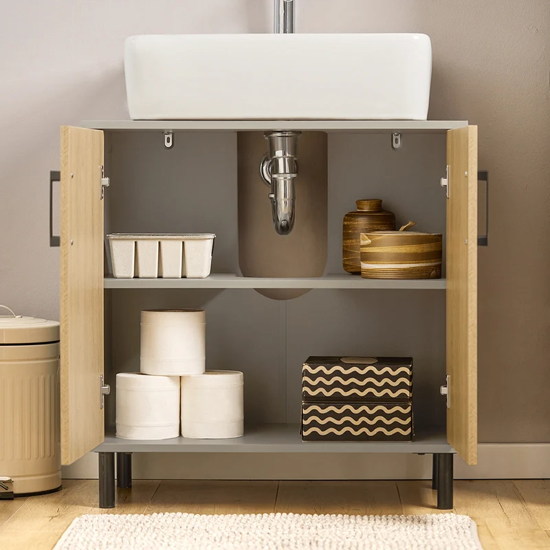 SoBuy BZR133-NG Meuble sous Lavabo, Meuble sous Vasque, Meuble Salle de Bain avec 2 Portes et 2 Étages, Placard de Rangement