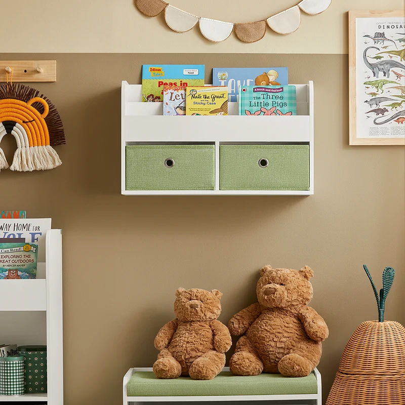 SoBuy KMB81-W Étagères Suspendue, Bibliothèque Murale pour Enfant, Étagère Murale pour Jouets et Livres à 2 Niveaux avec 2 Boîtes
