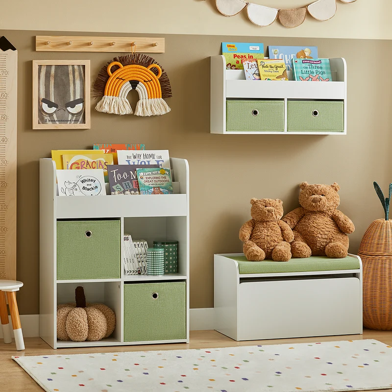 SoBuy KMB81-W Étagères Suspendue, Bibliothèque Murale pour Enfant, Étagère Murale pour Jouets et Livres à 2 Niveaux avec 2 Boîtes