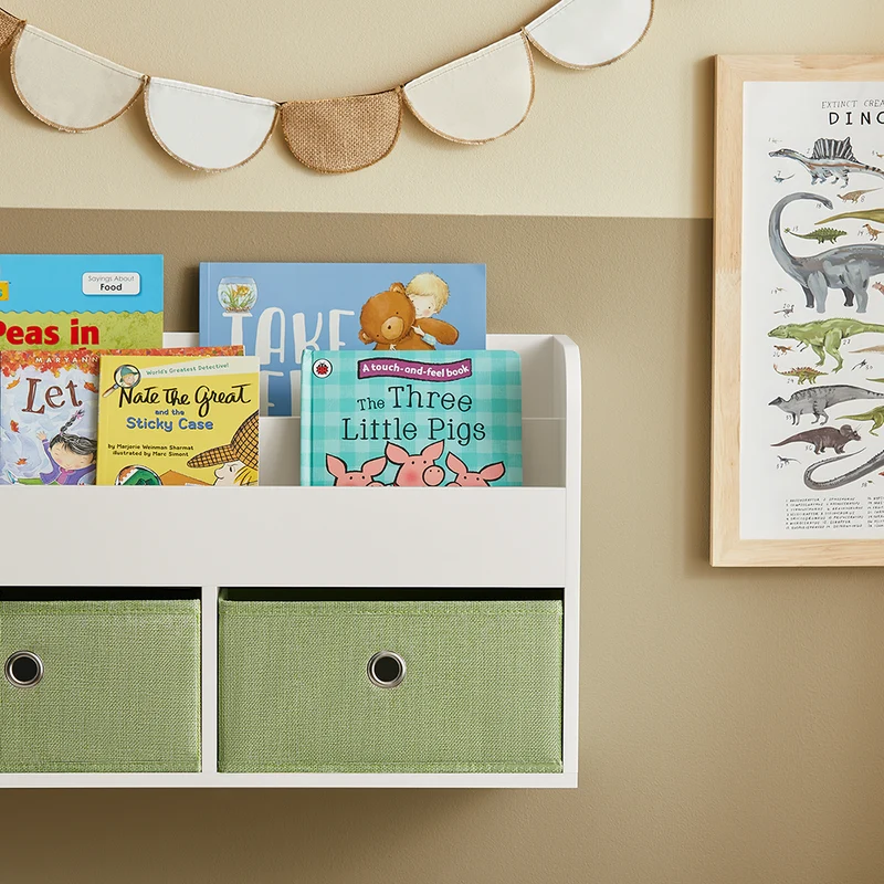 SoBuy KMB81-W Étagères Suspendue, Bibliothèque Murale pour Enfant, Étagère Murale pour Jouets et Livres à 2 Niveaux avec 2 Boîtes