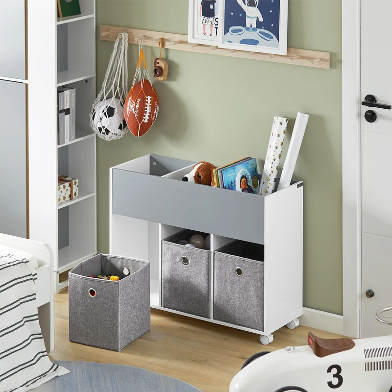 SoBuy KMB61-HG Étagère pour Enfants avec 3 Compartiments et 3 Boîtes en Tissu Amovible, Étagère pour Chambre d'enfant avec roulettes