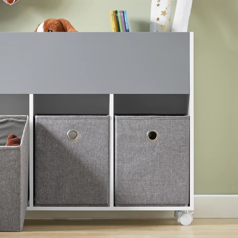 SoBuy KMB61-HG Étagère pour Enfants avec 3 Compartiments et 3 Boîtes en Tissu Amovible, Étagère pour Chambre d'enfant avec roulettes