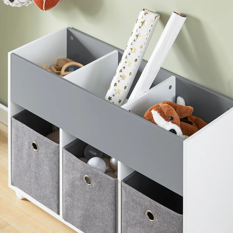 SoBuy KMB61-HG Étagère pour Enfants avec 3 Compartiments et 3 Boîtes en Tissu Amovible, Étagère pour Chambre d'enfant avec roulettes