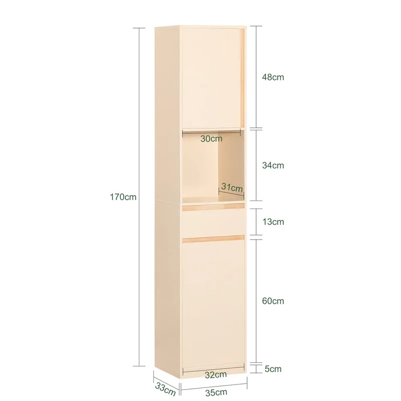 SoBuy BZR80-MI Meuble Colonne de Salle de Bain, Armoire Haute, Placard de Rangement avec 1 Compartiment Ouvert, 1 Tiroir et 2 Portes