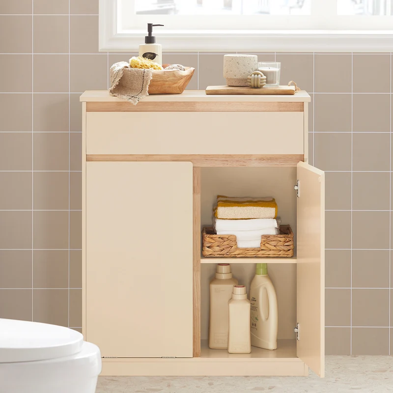 SoBuy BZR79-MI Meuble Bas de Salle de Bain avec Bac à Linge Amovible Armoire à Linge Commode Armoire Toilette avec Panier à Linge