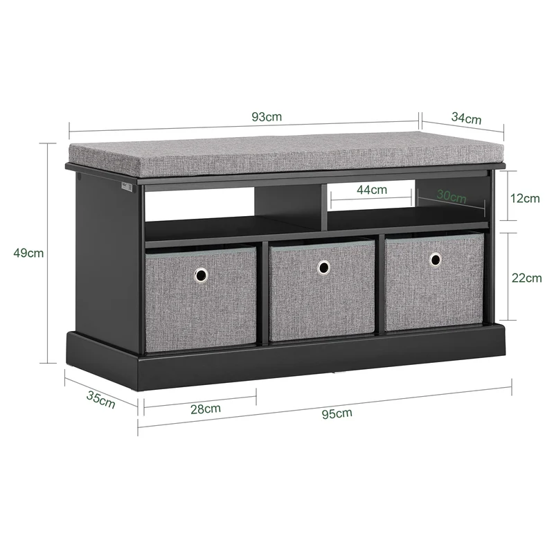 SoBuy FSR67-SCH Banc de Rangement avec Coussin Rembourré, 2 Compartiments et 3 Paniers