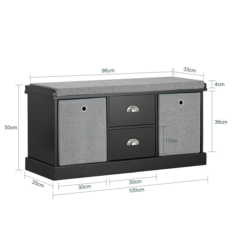 SoBuy FSR66-SCH Banc de Rangement avec Coussin Rembourré, 2 Tiroirs et 2 Paniers Meuble Bas Entrée Commode à Chaussure Banquette