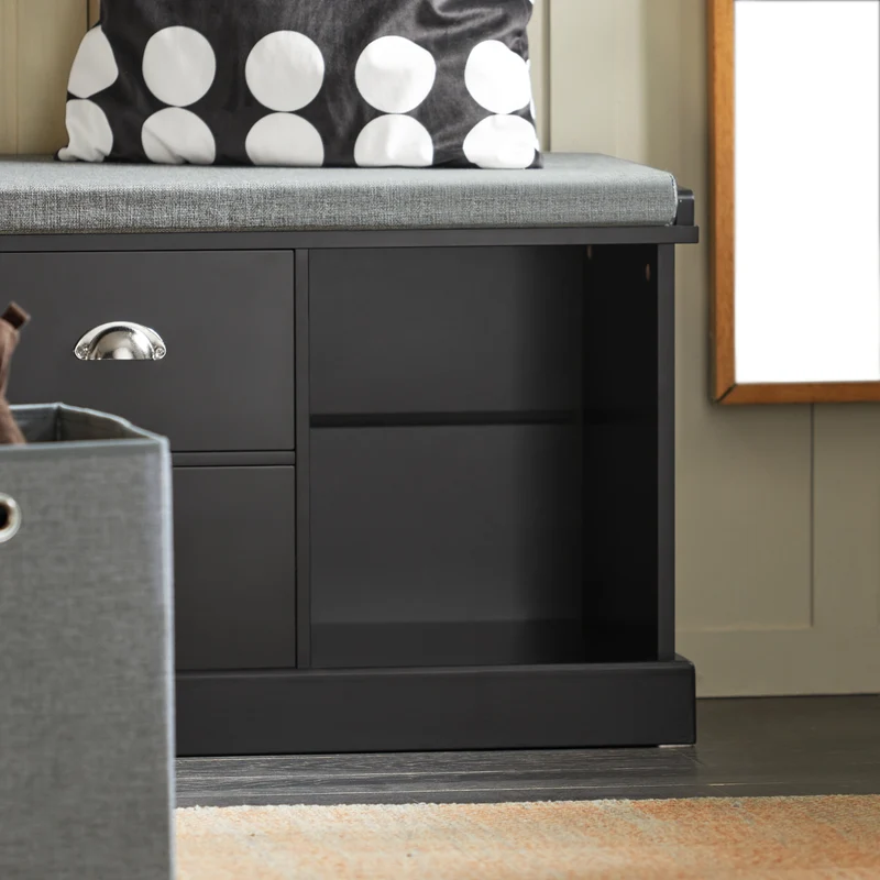 SoBuy FSR66-SCH Banc de Rangement avec Coussin Rembourré, 2 Tiroirs et 2 Paniers Meuble Bas Entrée Commode à Chaussure Banquette