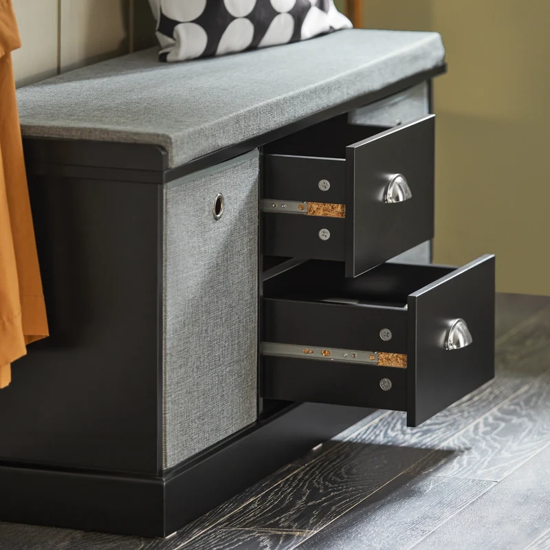 SoBuy FSR66-SCH Banc de Rangement avec Coussin Rembourré, 2 Tiroirs et 2 Paniers Meuble Bas Entrée Commode à Chaussure Banquette