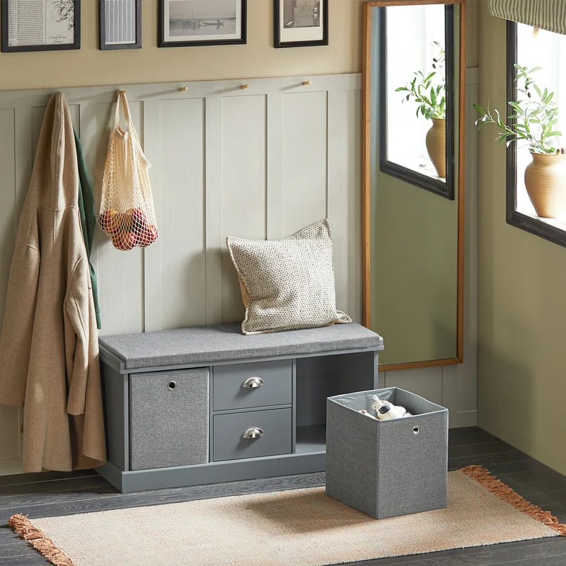 SoBuy FSR66-DG Banc de Rangement avec Coussin Rembourré, 2 Tiroirs et 2 Paniers Meuble Bas Entrée Commode à Chaussure Banquette Confortable