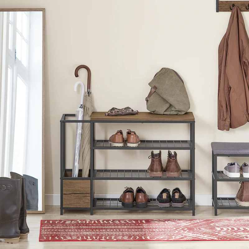 SoBuy FSR112-N Étagère à Chaussures 4 Niveaux, Meuble à Chaussures, Porte-Chaussures avec 3 Étagères, 1 Grand Dessus pour Sacs et 1 Porte-parapluie