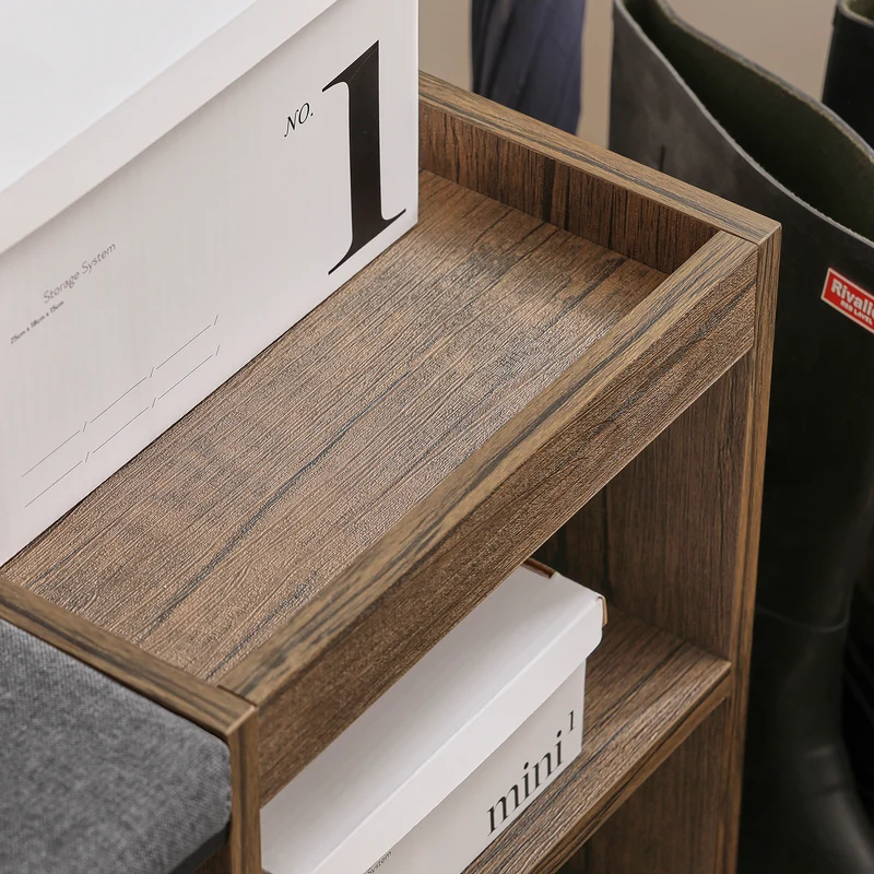 SoBuy FSR113-N Étagère à Chaussures, Banc de Vestiaire Étroit, avec Coussin Rembourré, 2 Étagères en Maille et 2 Compartiment Ouvert
