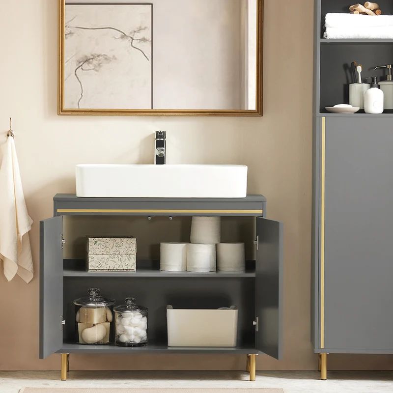 SoBuy BZR129-HG Meuble sous Lavabo, Meuble sous Vasque avec 2 Portes et 2 Étages, Meuble sur Pied de Salle de Bain, Placard Armoire